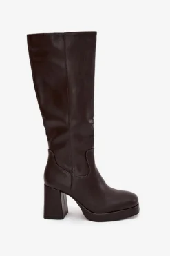 Boto Kozaki Ocieplane|Kozaki Na Słupku*Kozaki Damskie Przed Kolano Na Zamek Obcas Słupek Czekoladowe Selvia Brązowy