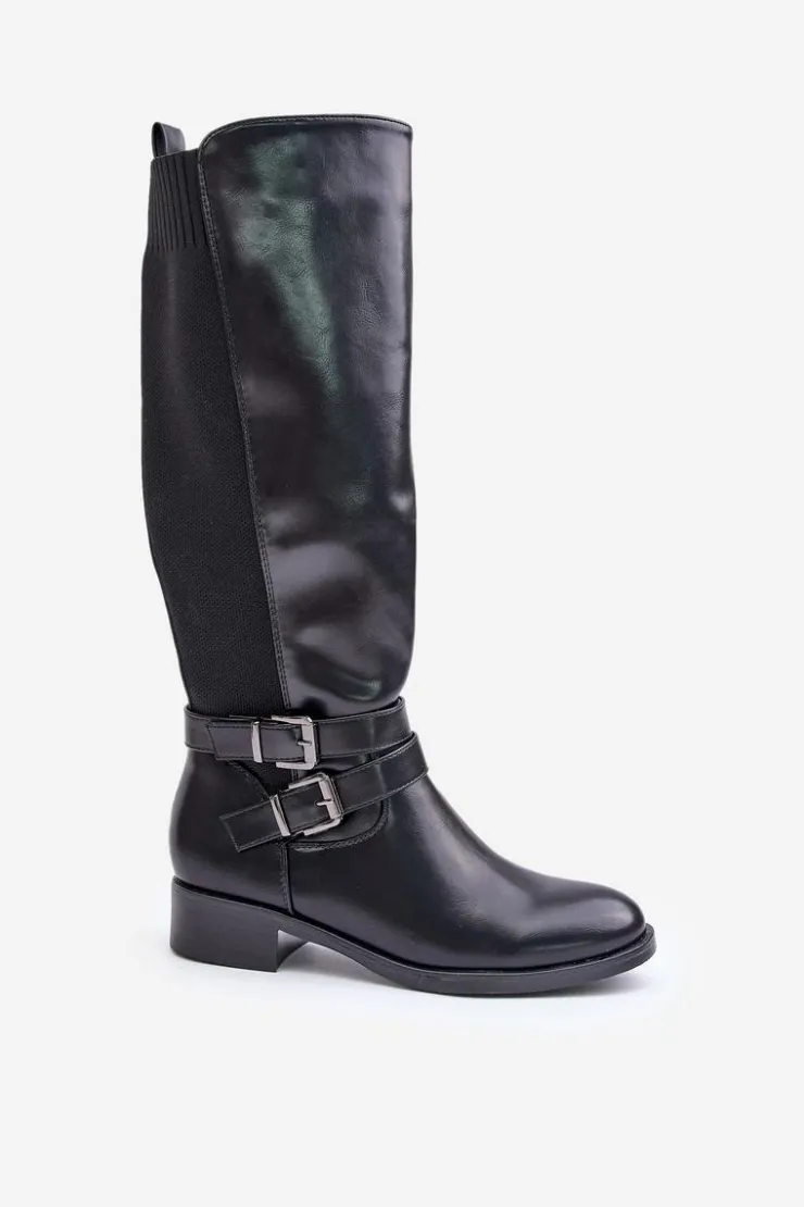 Boto Kozaki Przed Kolano|Kozaki Na Obcasie*Kozaki Damskie Przed Kolano Na Płaskim Obcasie Z Klamrami Czarne Lotina