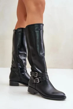 Boto Kozaki Przed Kolano|Kozaki Na Obcasie*Kozaki Damskie Przed Kolano Na Płaskim Obcasie Z Klamrami Czarne Lotina