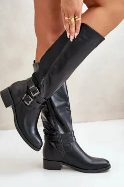 Boto Kozaki Przed Kolano|Kozaki Na Obcasie*Kozaki Damskie Przed Kolano Na Płaskim Obcasie Z Klamrami Czarne Lotina