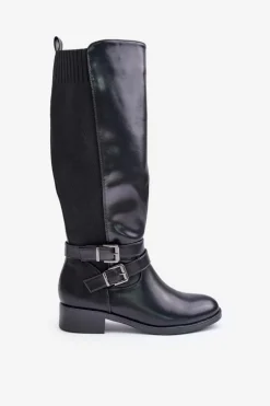 Boto Kozaki Przed Kolano|Kozaki Na Obcasie*Kozaki Damskie Przed Kolano Na Płaskim Obcasie Z Klamrami Czarne Lotina