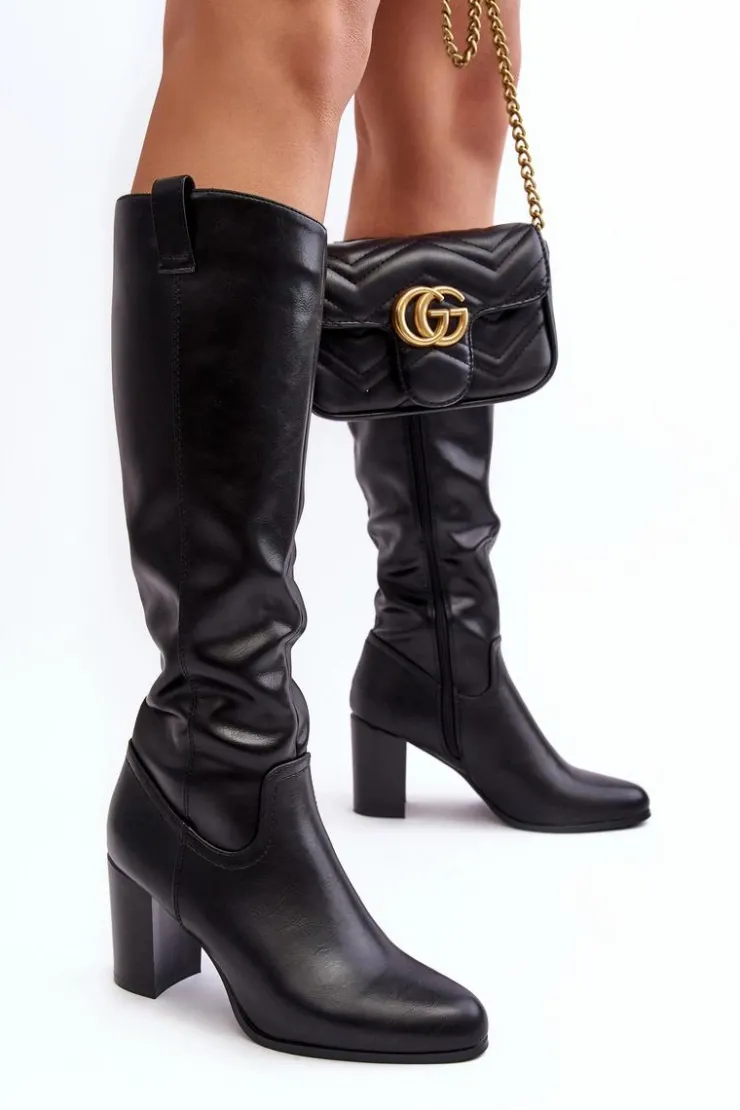 Clearance Buty Sergio Leone Kozaki Damskie Przed Kolano Na Słupku Czarne Nelamessa