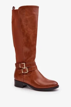 Boto Kozaki Przed Kolano|Kozaki Na Obcasie*Kozaki Damskie Przed Kolano Na Płaskim Obcasie Z Klamrami Camel Lotina