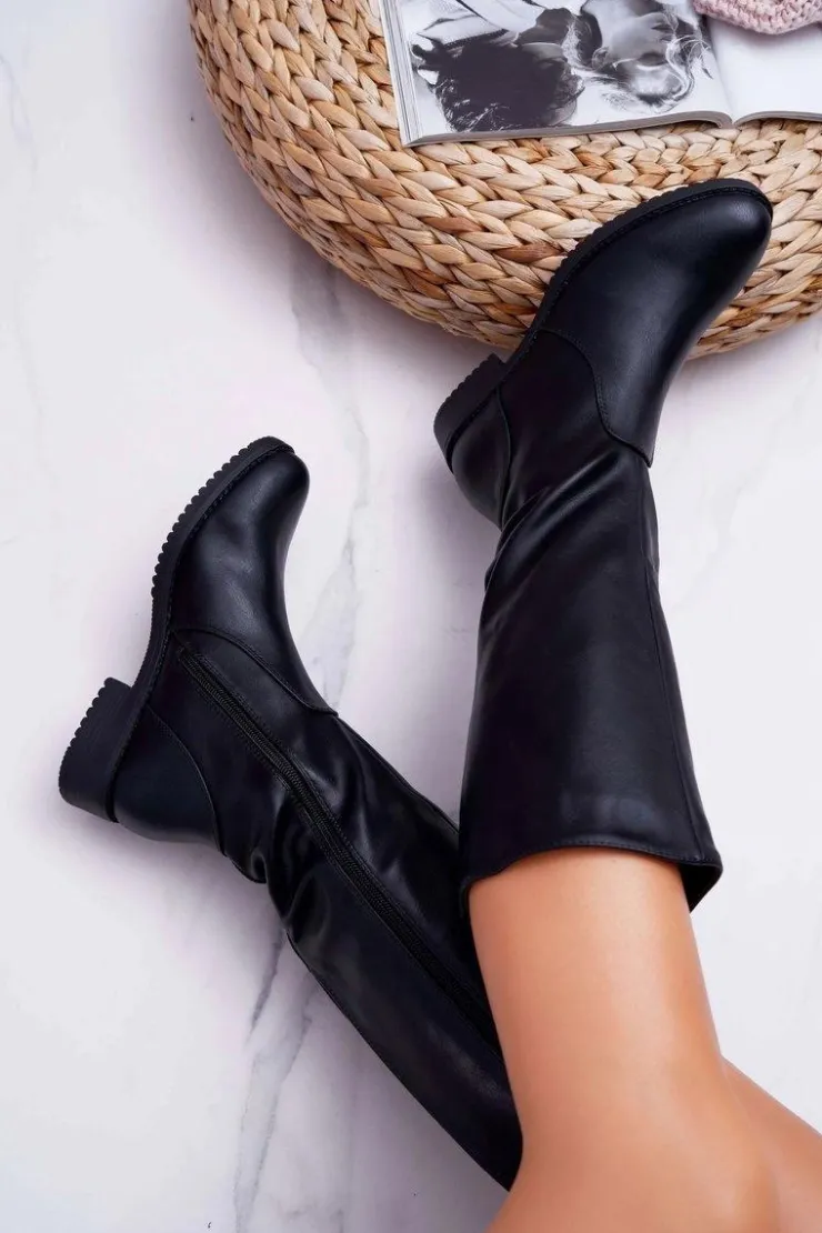 Damskie Buty Sergio Leone Kozaki Damskie Sergio Leone Z Gumką w Cholewce Ocieplane Czarne KZ528