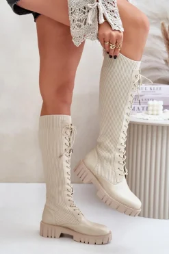 Boto Kozaki Damskie Skarpetkowe Sznurowane Na Płaskim Obcasie Beżowe Vamisha