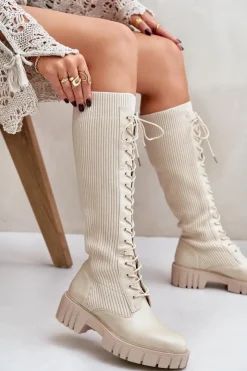 Boto Kozaki Damskie Skarpetkowe Sznurowane Na Płaskim Obcasie Beżowe Vamisha