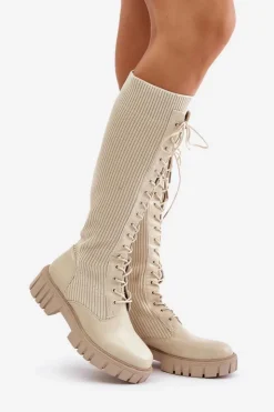 Boto Kozaki Damskie Skarpetkowe Sznurowane Na Płaskim Obcasie Beżowe Vamisha