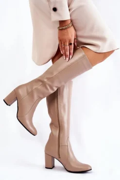 Laura Messi Kozaki Przed Kolano|Kozaki Na Obcasie*Kozaki Damskie Skórzane Beżowe 1415