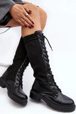 Damskie Boto Kozaki Damskie Sznurowane Z Elastyczną Cholewką Czarne Virxinia