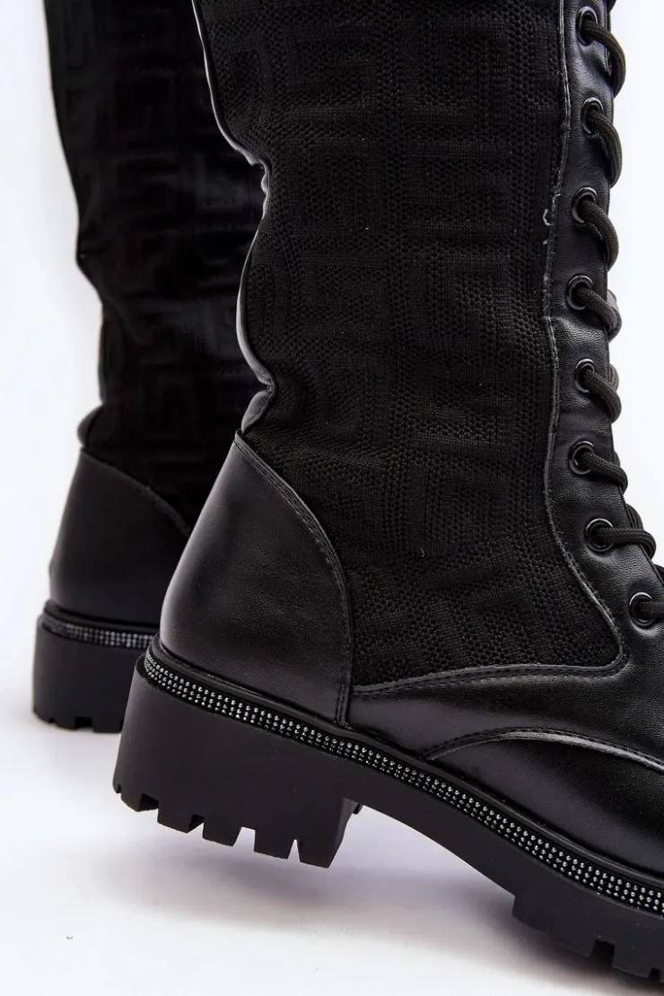 Damskie Boto Kozaki Damskie Sznurowane Z Elastyczną Cholewką Czarne Virxinia