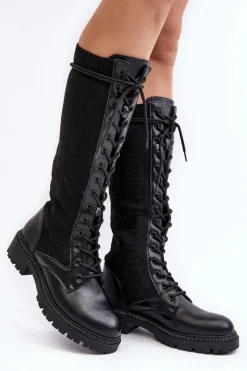 Damskie Boto Kozaki Damskie Sznurowane Z Elastyczną Cholewką Czarne Virxinia