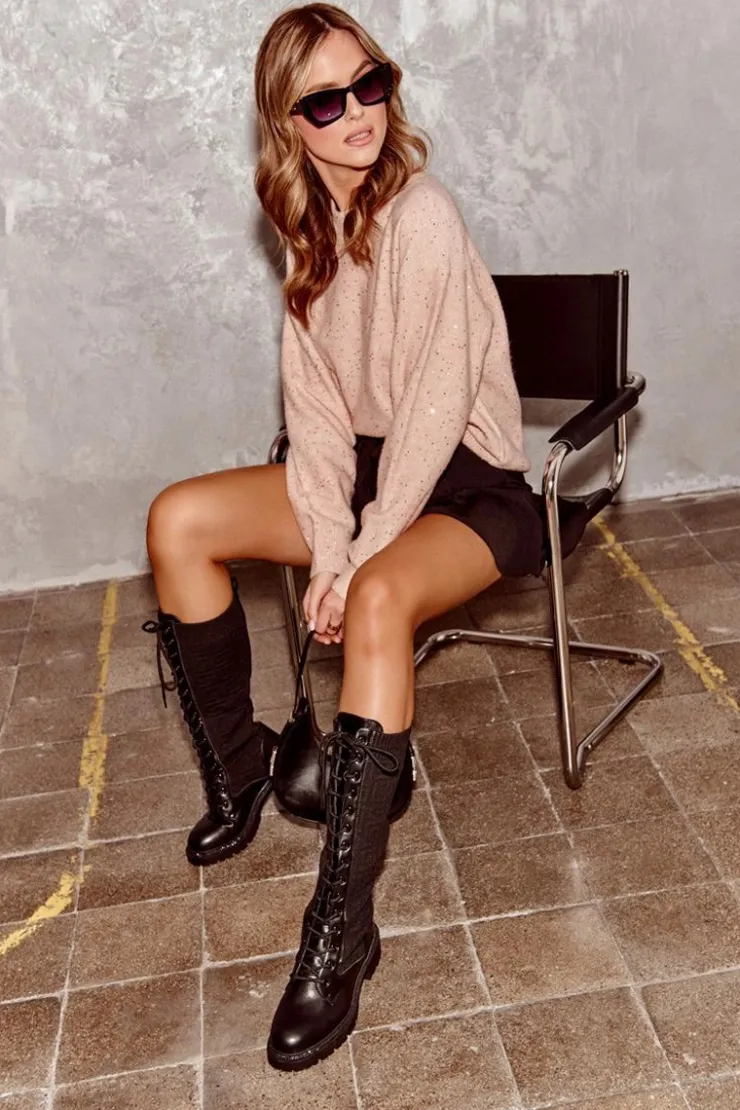 Damskie Boto Kozaki Damskie Sznurowane Z Elastyczną Cholewką Czarne Virxinia