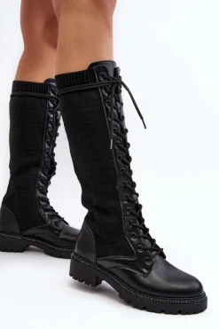 Damskie Boto Kozaki Damskie Sznurowane Z Elastyczną Cholewką Czarne Virxinia