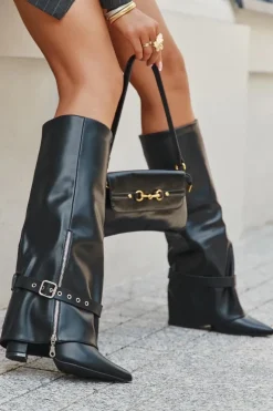 Boto Kozaki Ocieplane|Kozaki Na Słupku*Kozaki Damskie Wsuwane Na Słupku Z Ozdobnym Paskiem Eko Skórzane Czarne Jolivine Czarny