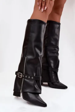 Boto Kozaki Ocieplane|Kozaki Na Słupku*Kozaki Damskie Wsuwane Na Słupku Z Ozdobnym Paskiem Eko Skórzane Czarne Jolivine Czarny