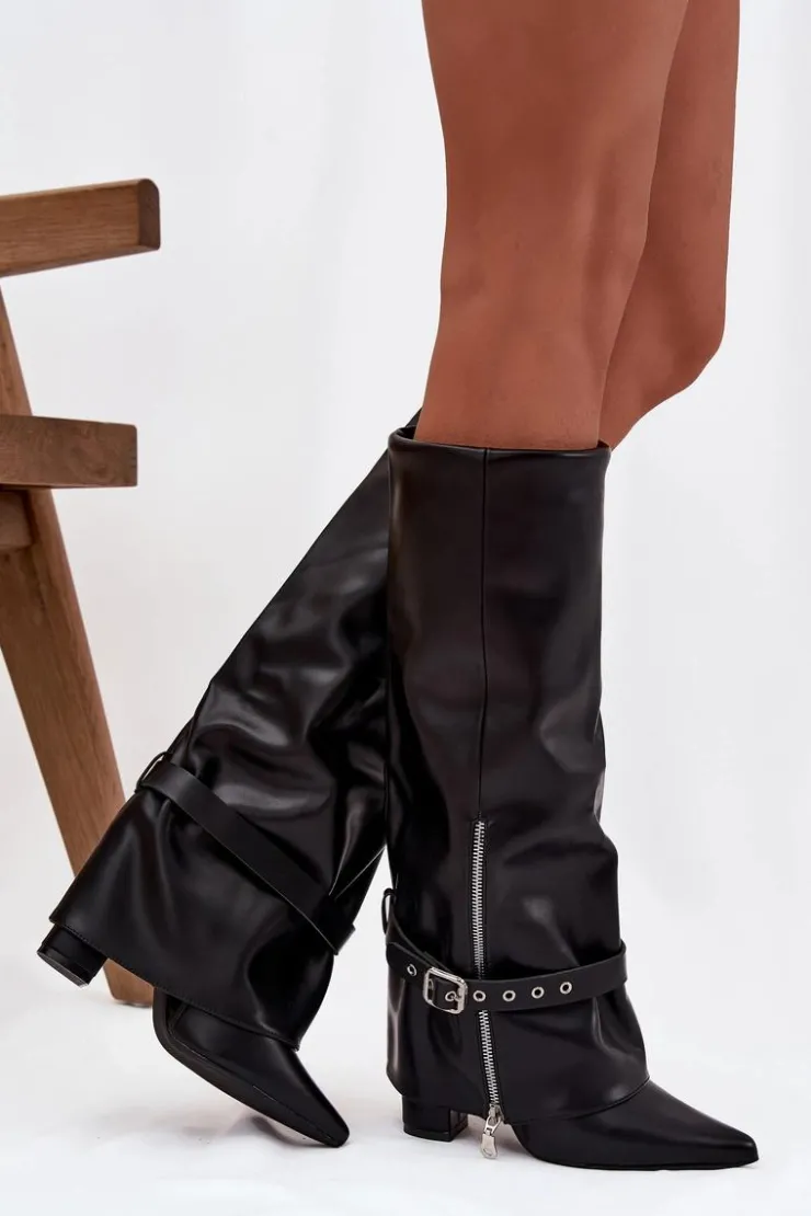 Boto Kozaki Ocieplane|Kozaki Na Słupku*Kozaki Damskie Wsuwane Na Słupku Z Ozdobnym Paskiem Eko Skórzane Czarne Jolivine Czarny