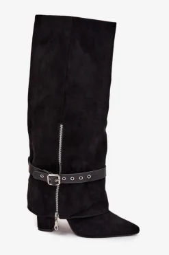 Boto Kozaki Ocieplane|Kozaki Na Słupku*Kozaki Damskie Wsuwane Na Słupku Z Ozdobnym Paskiem Czarne Jolivine Czarny