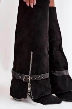 Boto Kozaki Ocieplane|Kozaki Na Słupku*Kozaki Damskie Wsuwane Na Słupku Z Ozdobnym Paskiem Czarne Jolivine Czarny