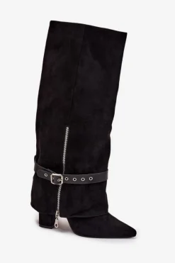 Boto Kozaki Ocieplane|Kozaki Na Słupku*Kozaki Damskie Wsuwane Na Słupku Z Ozdobnym Paskiem Czarne Jolivine Czarny