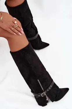 Boto Kozaki Ocieplane|Kozaki Na Słupku*Kozaki Damskie Wsuwane Na Słupku Z Ozdobnym Paskiem Czarne Jolivine Czarny