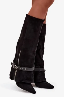 Boto Kozaki Ocieplane|Kozaki Na Słupku*Kozaki Damskie Wsuwane Na Słupku Z Ozdobnym Paskiem Czarne Jolivine Czarny