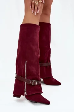 Damskie Boto Kozaki Damskie Wsuwane Na Słupku Z Ozdobnym Paskiem Bordowe Jolivine