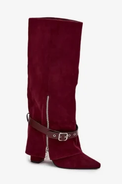 Damskie Boto Kozaki Damskie Wsuwane Na Słupku Z Ozdobnym Paskiem Bordowe Jolivine