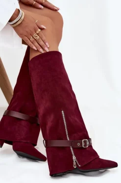 Damskie Boto Kozaki Damskie Wsuwane Na Słupku Z Ozdobnym Paskiem Bordowe Jolivine