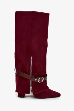 Damskie Boto Kozaki Damskie Wsuwane Na Słupku Z Ozdobnym Paskiem Bordowe Jolivine