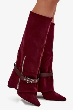 Damskie Boto Kozaki Damskie Wsuwane Na Słupku Z Ozdobnym Paskiem Bordowe Jolivine