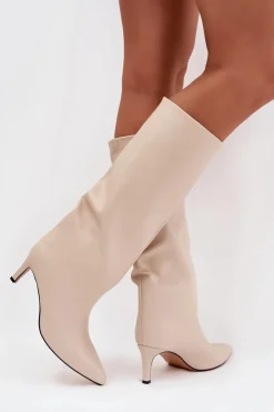 Damskie Boto Kozaki Damskie Wsuwane Ocieplane Na Szpilce Jasnobeżowe Olivienne