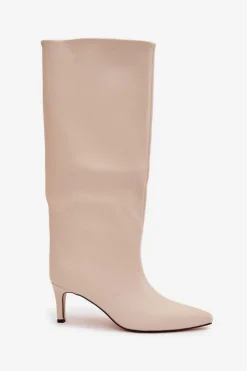 Damskie Boto Kozaki Damskie Wsuwane Ocieplane Na Szpilce Jasnobeżowe Olivienne