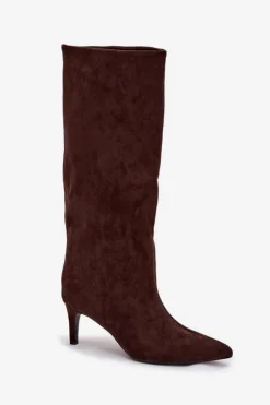 Damskie Boto Kozaki Damskie Wsuwane Ocieplane Na Szpilce Czekoladowe Olivienne