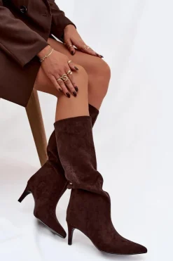 Damskie Boto Kozaki Damskie Wsuwane Ocieplane Na Szpilce Czekoladowe Olivienne