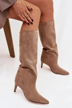 Boto Kozaki Ocieplane|Kozaki Na Szpilce*Kozaki Damskie Wsuwane Ocieplane Na Szpilce Beżowe Olivienne Beżowy