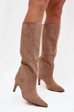 Boto Kozaki Ocieplane|Kozaki Na Szpilce*Kozaki Damskie Wsuwane Ocieplane Na Szpilce Beżowe Olivienne Beżowy