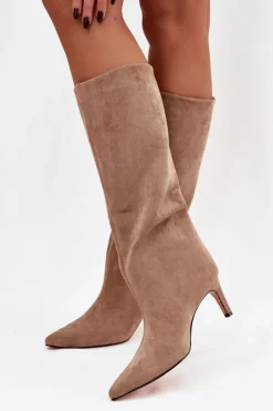 Boto Kozaki Ocieplane|Kozaki Na Szpilce*Kozaki Damskie Wsuwane Ocieplane Na Szpilce Beżowe Olivienne Beżowy