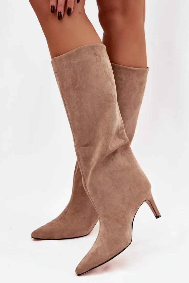 Boto Kozaki Ocieplane|Kozaki Na Szpilce*Kozaki Damskie Wsuwane Ocieplane Na Szpilce Beżowe Olivienne Beżowy