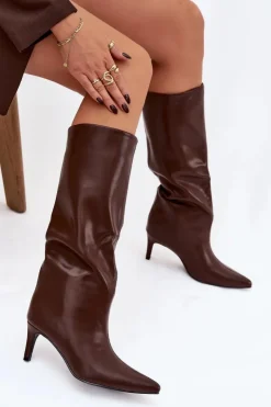 Online Boto Kozaki Damskie Wsuwane Ocieplane Na Szpilce Brązowe Olivienne Brązowy