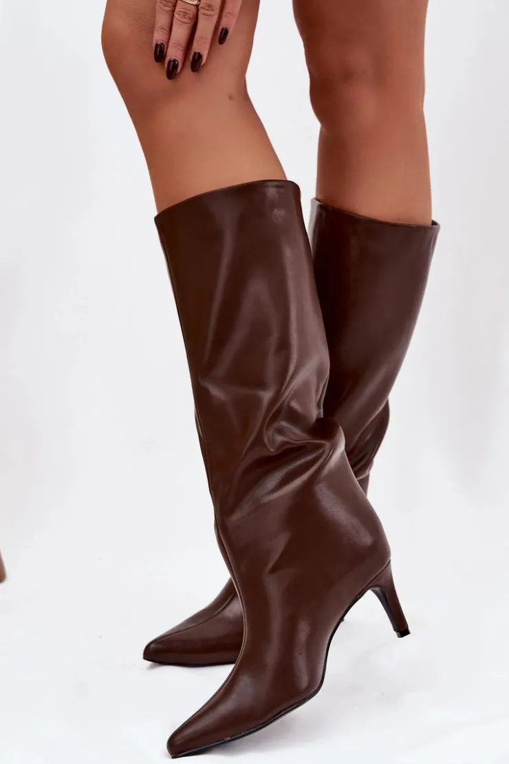 Online Boto Kozaki Damskie Wsuwane Ocieplane Na Szpilce Brązowe Olivienne Brązowy