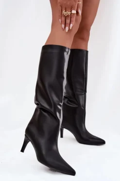 Damskie Boto Kozaki Damskie Wsuwane Ocieplane Na Szpilce Czarne Olivienne