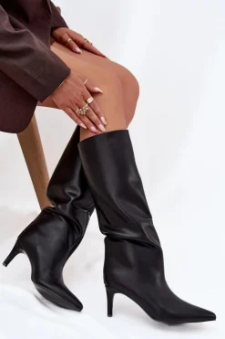 Damskie Boto Kozaki Damskie Wsuwane Ocieplane Na Szpilce Czarne Olivienne