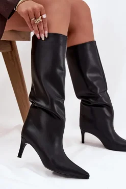 Damskie Boto Kozaki Damskie Wsuwane Ocieplane Na Szpilce Czarne Olivienne