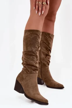 Clearance Boto Kozaki Damskie Z Marszczoną Cholewką Na Słupku Ocieplane Zielone Paelina Zielony