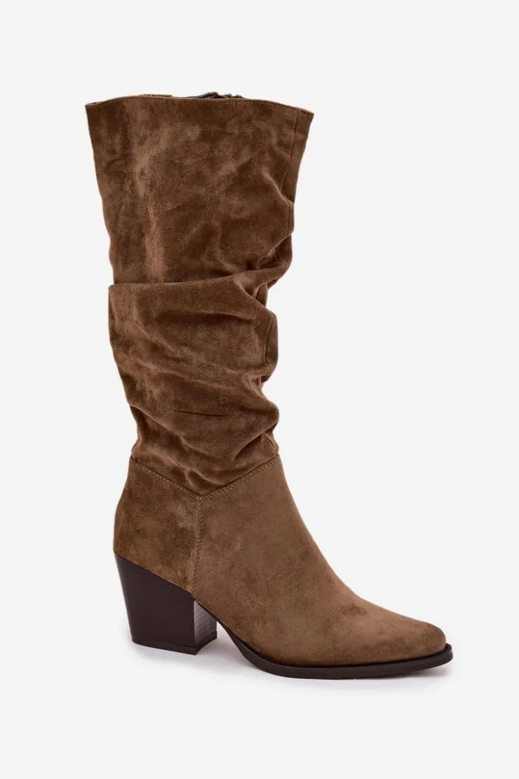 Clearance Boto Kozaki Damskie Z Marszczoną Cholewką Na Słupku Ocieplane Zielone Paelina Zielony