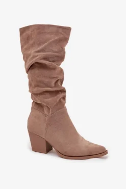 Boto Kozaki Na Słupku|Kozaki Przed Kolano*Kozaki Damskie Z Marszczoną Cholewką Na Słupku Ocieplane Beżowe Paelina Beżowy