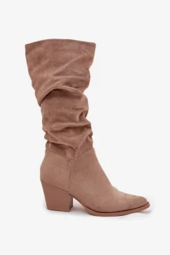 Boto Kozaki Na Słupku|Kozaki Przed Kolano*Kozaki Damskie Z Marszczoną Cholewką Na Słupku Ocieplane Beżowe Paelina Beżowy