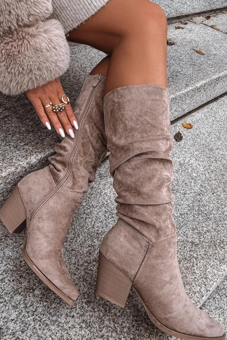 Boto Kozaki Na Słupku|Kozaki Przed Kolano*Kozaki Damskie Z Marszczoną Cholewką Na Słupku Ocieplane Beżowe Paelina Beżowy