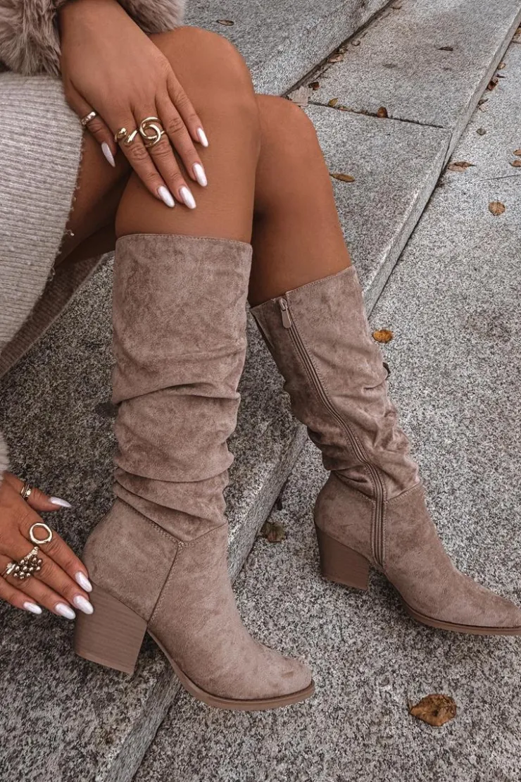 Boto Kozaki Na Słupku|Kozaki Przed Kolano*Kozaki Damskie Z Marszczoną Cholewką Na Słupku Ocieplane Beżowe Paelina Beżowy