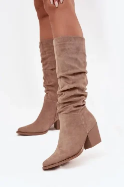 Boto Kozaki Na Słupku|Kozaki Przed Kolano*Kozaki Damskie Z Marszczoną Cholewką Na Słupku Ocieplane Beżowe Paelina Beżowy
